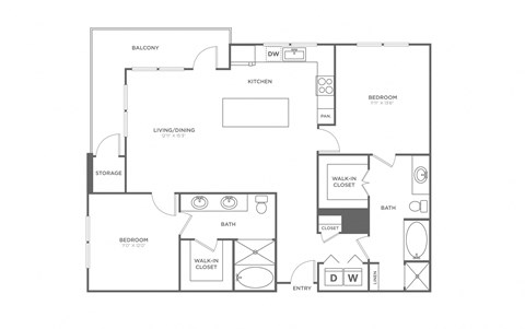 Floor plan for 2 beds, 2 baths, 1251 sqft